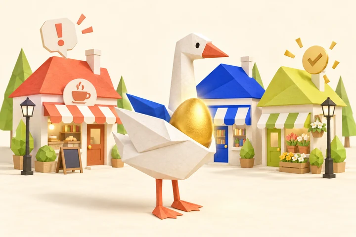 Paper Goose holding a golden egg in front of three Market Street shops.